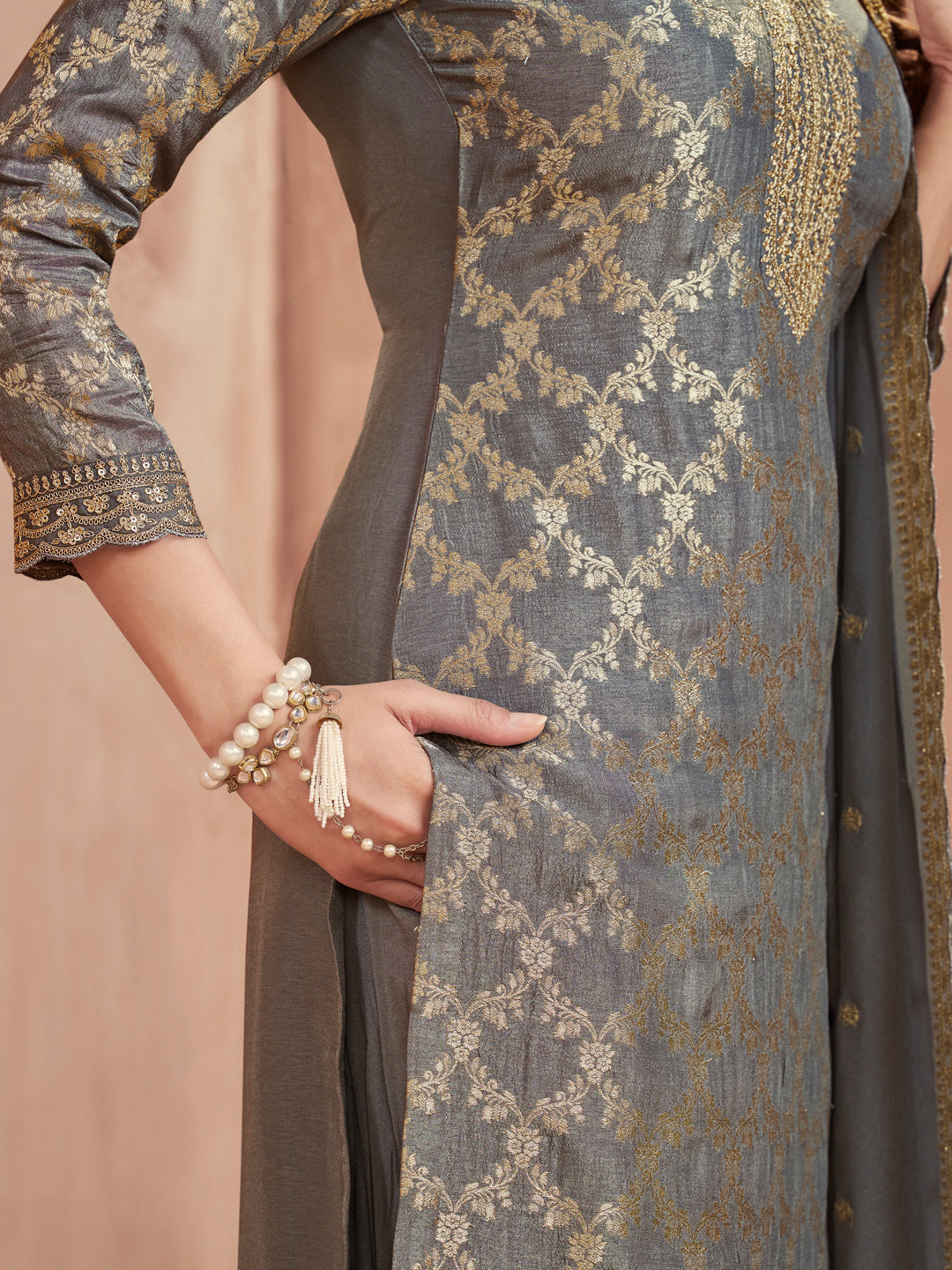Grey Jacquard Straight Kurta With Dyed Trousers And Embroidery Dupatta