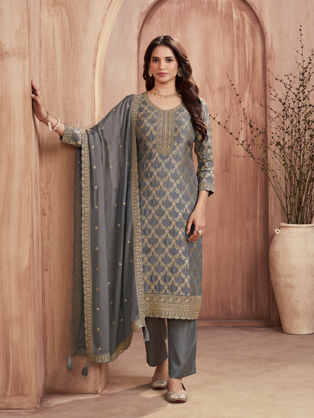 Grey Jacquard Straight Kurta With Dyed Trousers And Embroidery Dupatta