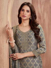 Grey Jacquard Straight Kurta With Dyed Trousers And Embroidery Dupatta
