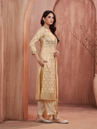Off-White Jacquard Straight Kurta With Dyed Trousers And Embroidery Dupatta