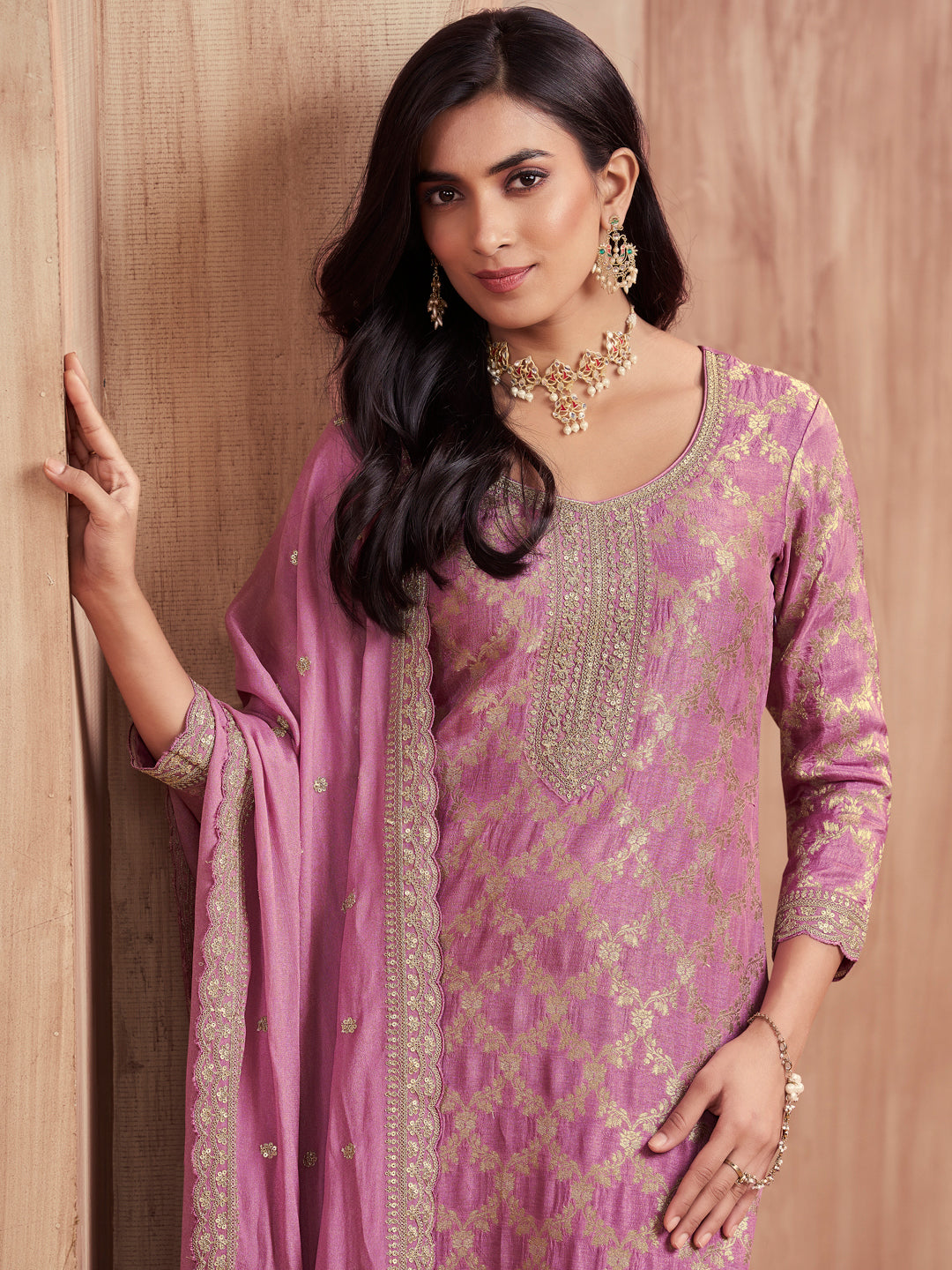 Pink Jacquard Straight Kurta With Dyed Trousers And Embroidery Dupatta