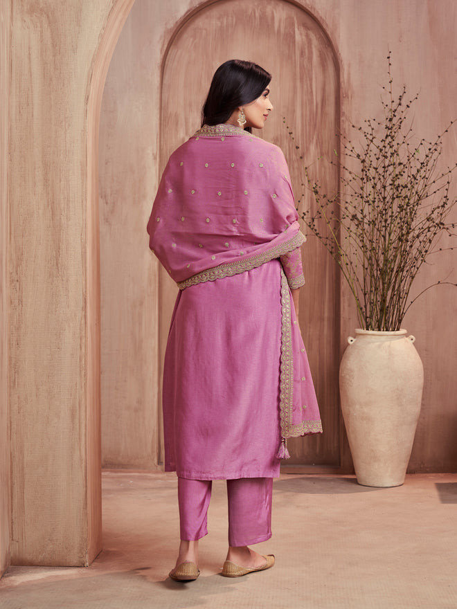 Pink Jacquard Straight Kurta With Dyed Trousers And Embroidery Dupatta