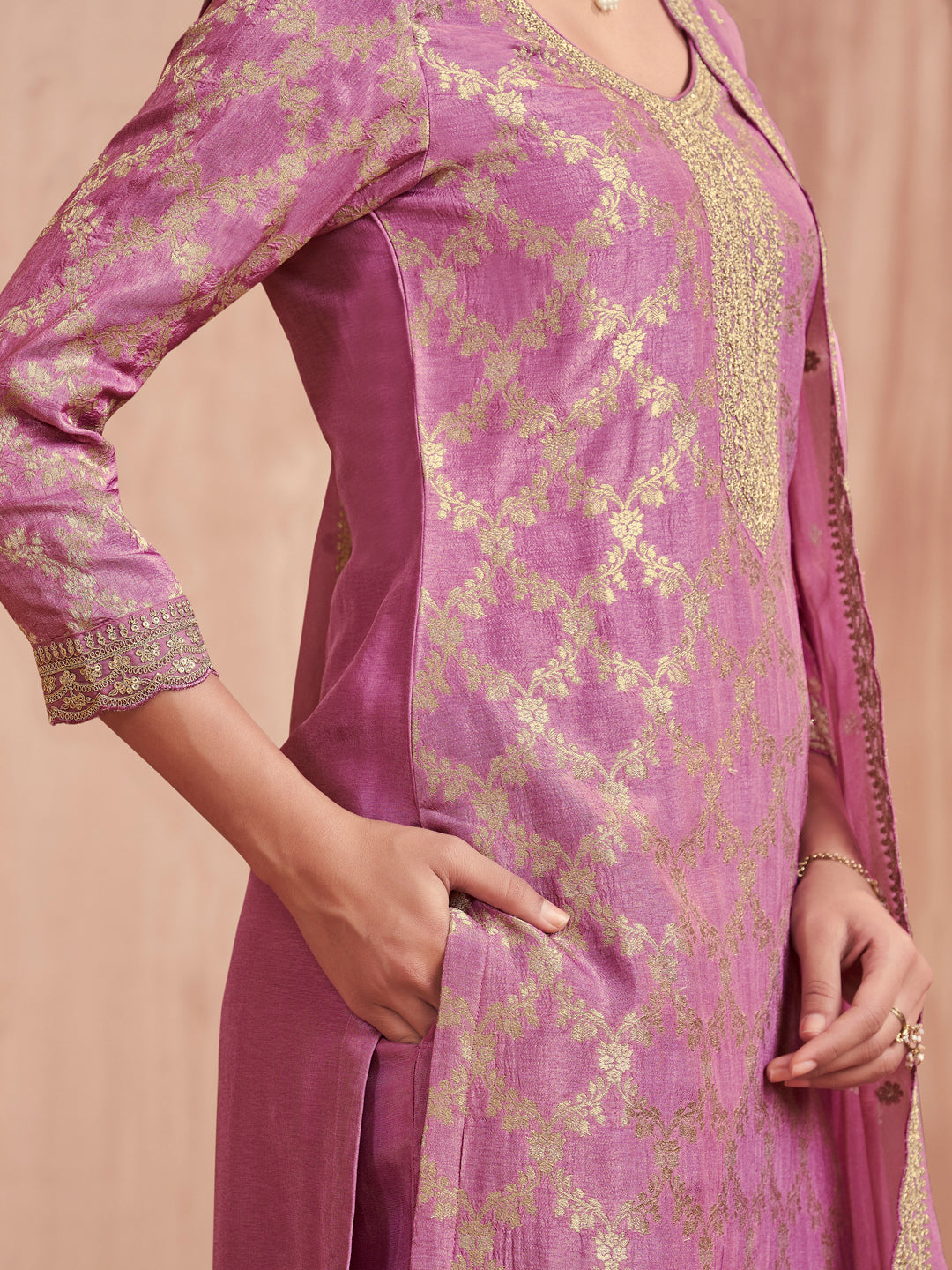 Pink Jacquard Straight Kurta With Dyed Trousers And Embroidery Dupatta