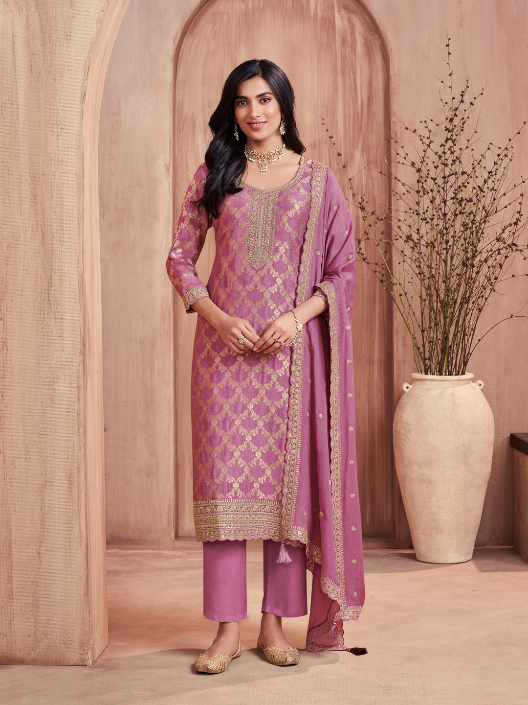 Pink Jacquard Straight Kurta With Dyed Trousers And Embroidery Dupatta