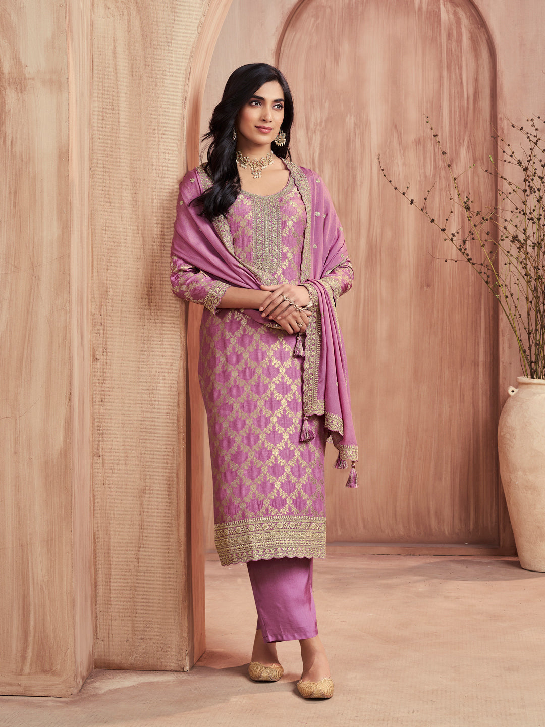 Pink Jacquard Straight Kurta With Dyed Trousers And Embroidery Dupatta