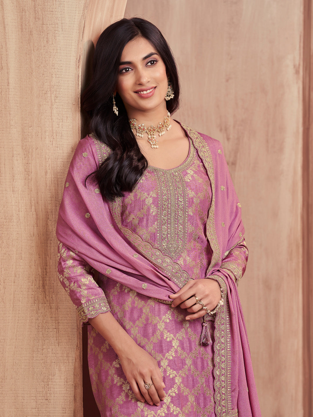 Pink Jacquard Straight Kurta With Dyed Trousers And Embroidery Dupatta