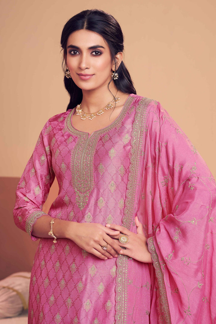 Pink Jacquard Straight Kurta With Dyed Trousers And Embroidery Dupatta