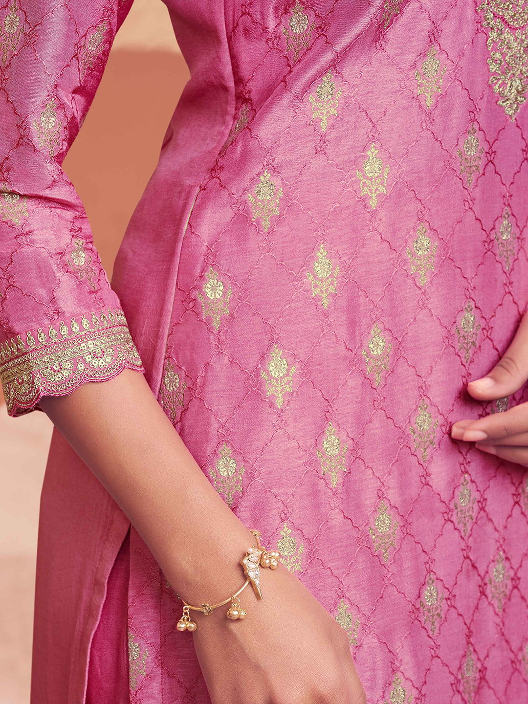 Pink Jacquard With Zari Straight Kurta And Dyed Trousers With Embroidery Dupatta