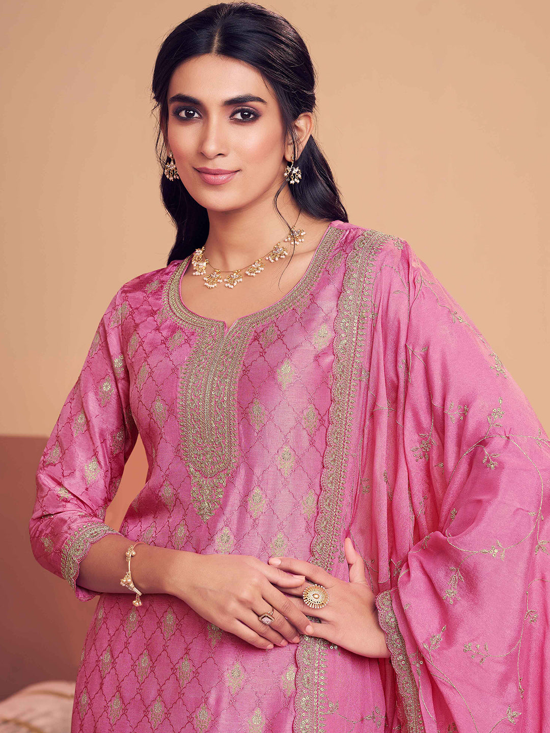 Pink Jacquard With Zari Straight Kurta And Dyed Trousers With Embroidery Dupatta