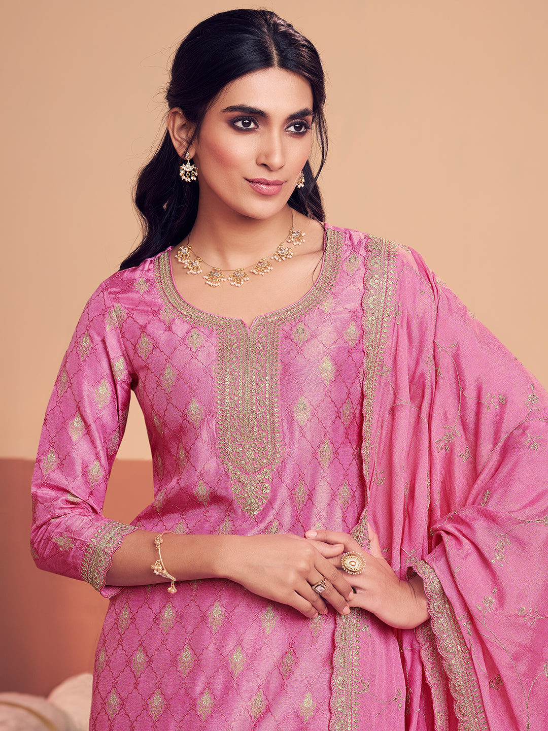 Pink Jacquard With Zari Straight Kurta And Dyed Trousers With Embroidery Dupatta