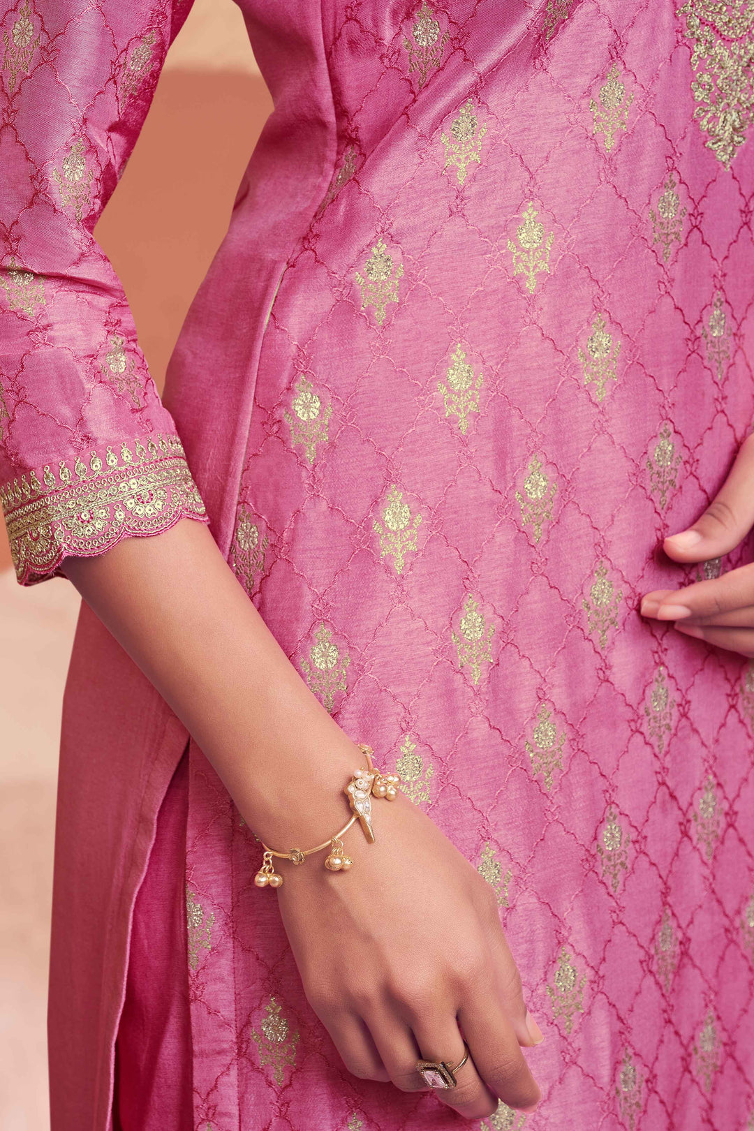 Pink Jacquard Straight Kurta With Dyed Trousers And Embroidery Dupatta