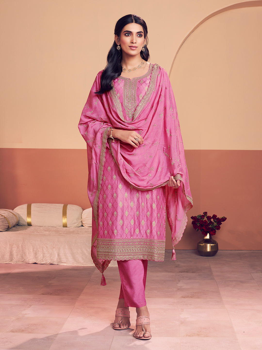 Pink Jacquard With Zari Straight Kurta And Dyed Trousers With Embroidery Dupatta