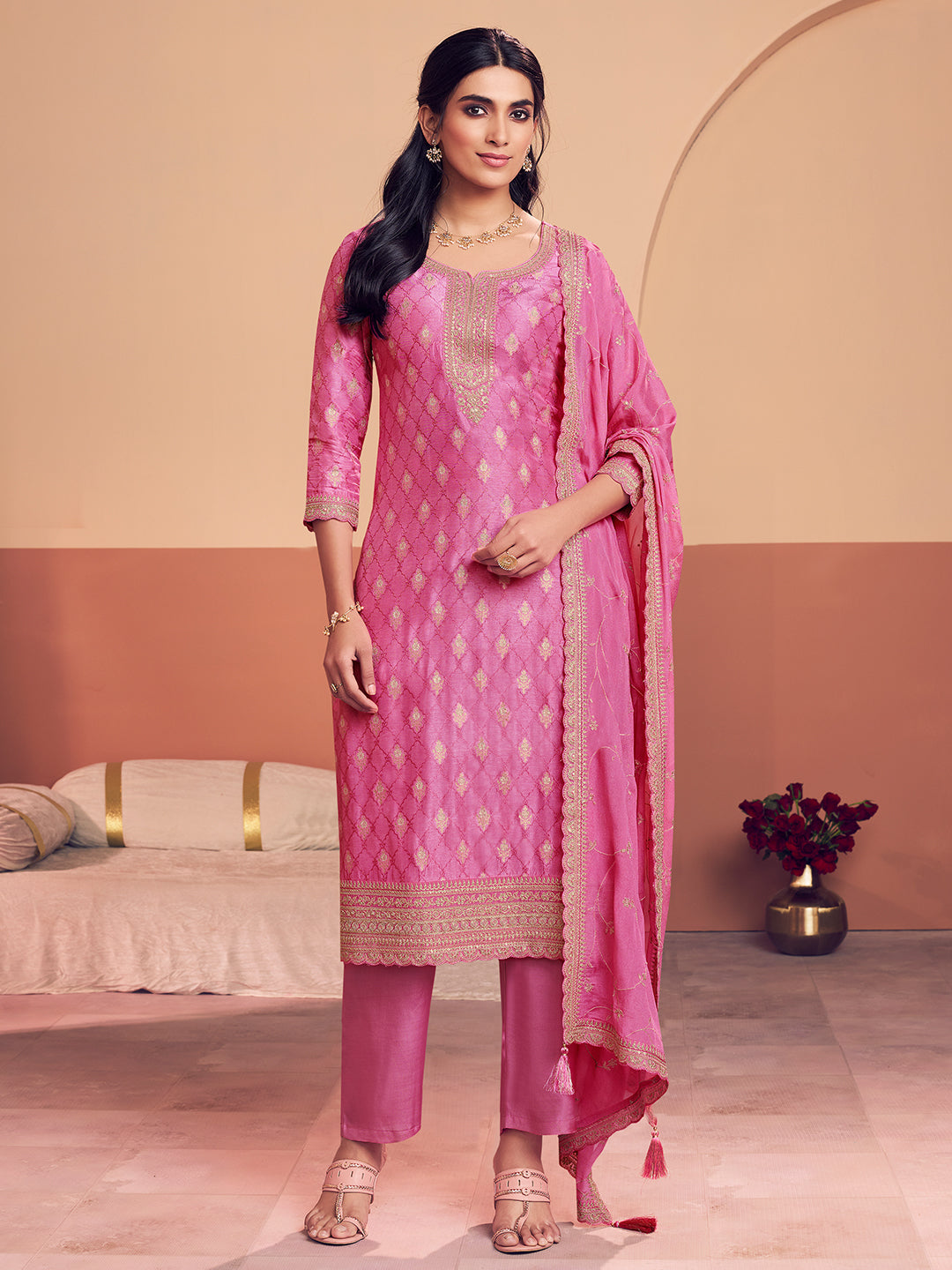 Pink Jacquard With Zari Straight Kurta And Dyed Trousers With Embroidery Dupatta