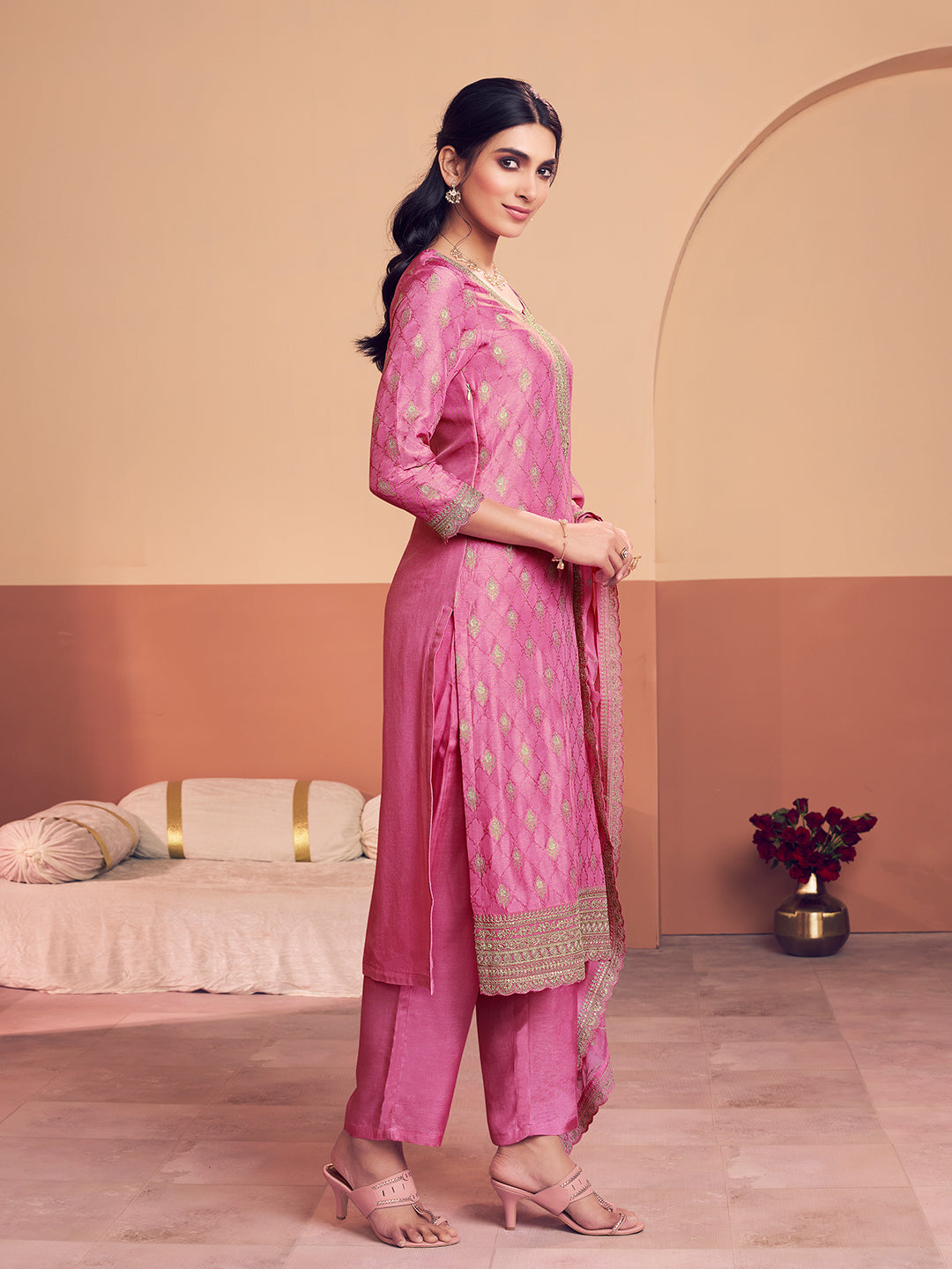 Pink Jacquard With Zari Straight Kurta And Dyed Trousers With Embroidery Dupatta