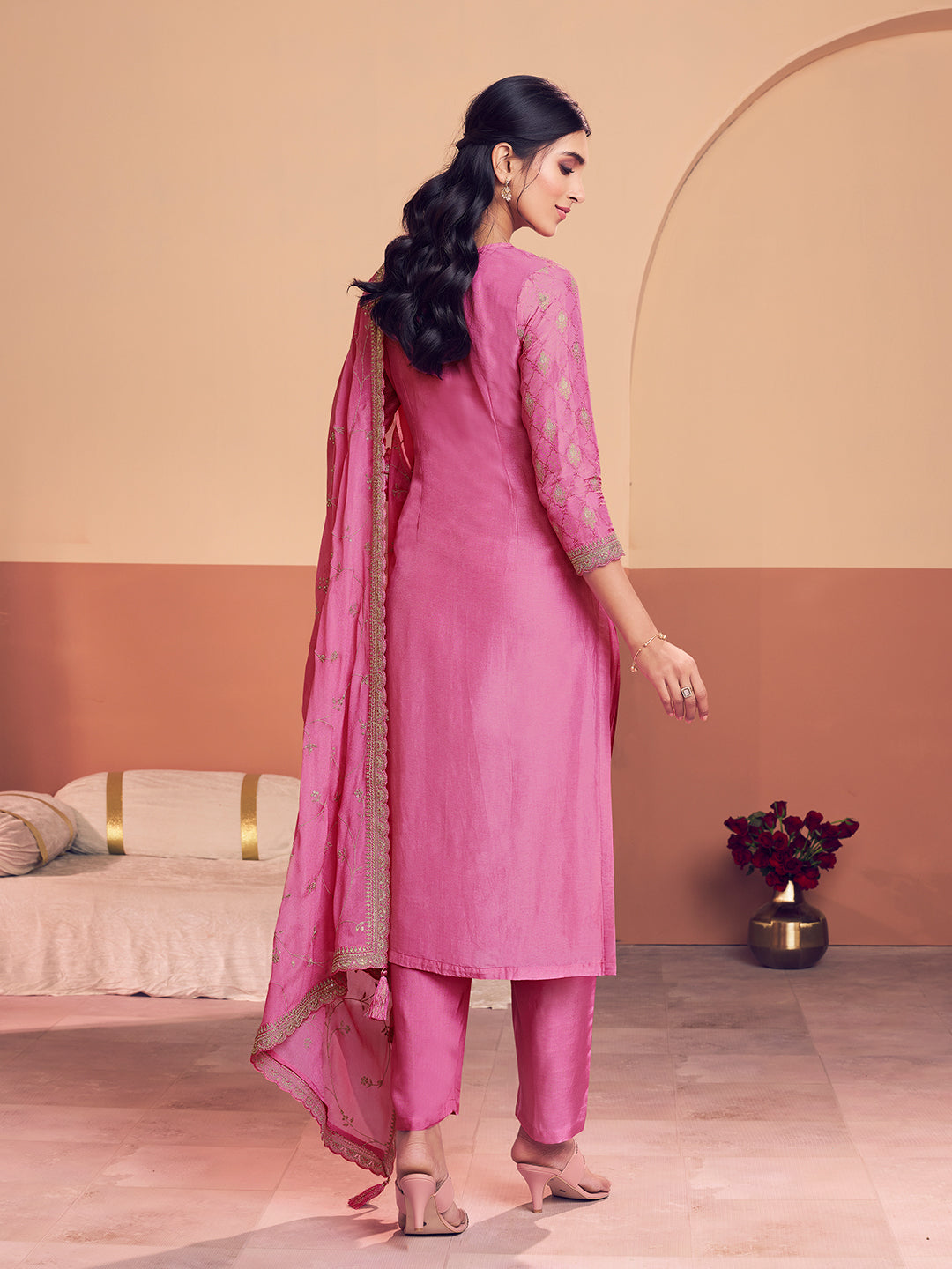 Pink Jacquard With Zari Straight Kurta And Dyed Trousers With Embroidery Dupatta