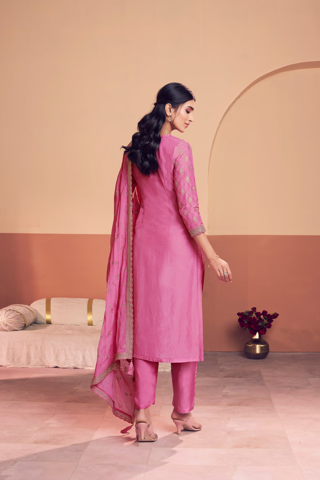 Pink Jacquard Straight Kurta With Dyed Trousers And Embroidery Dupatta