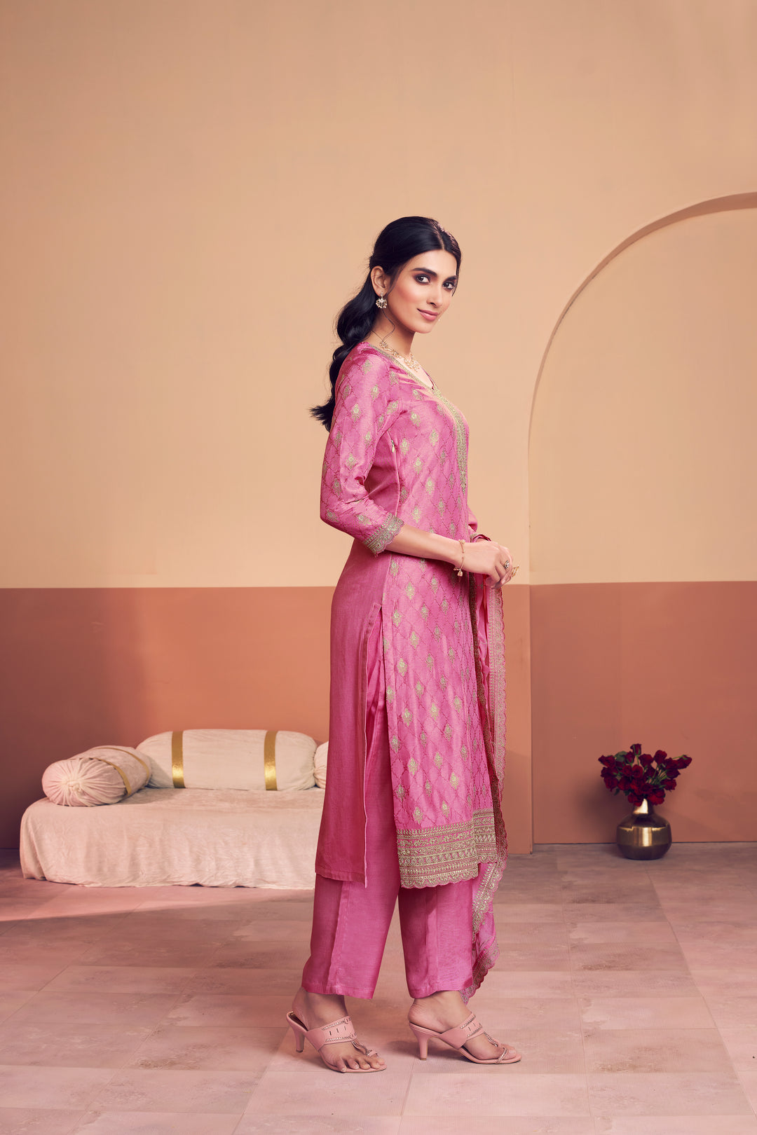 Pink Jacquard Straight Kurta With Dyed Trousers And Embroidery Dupatta