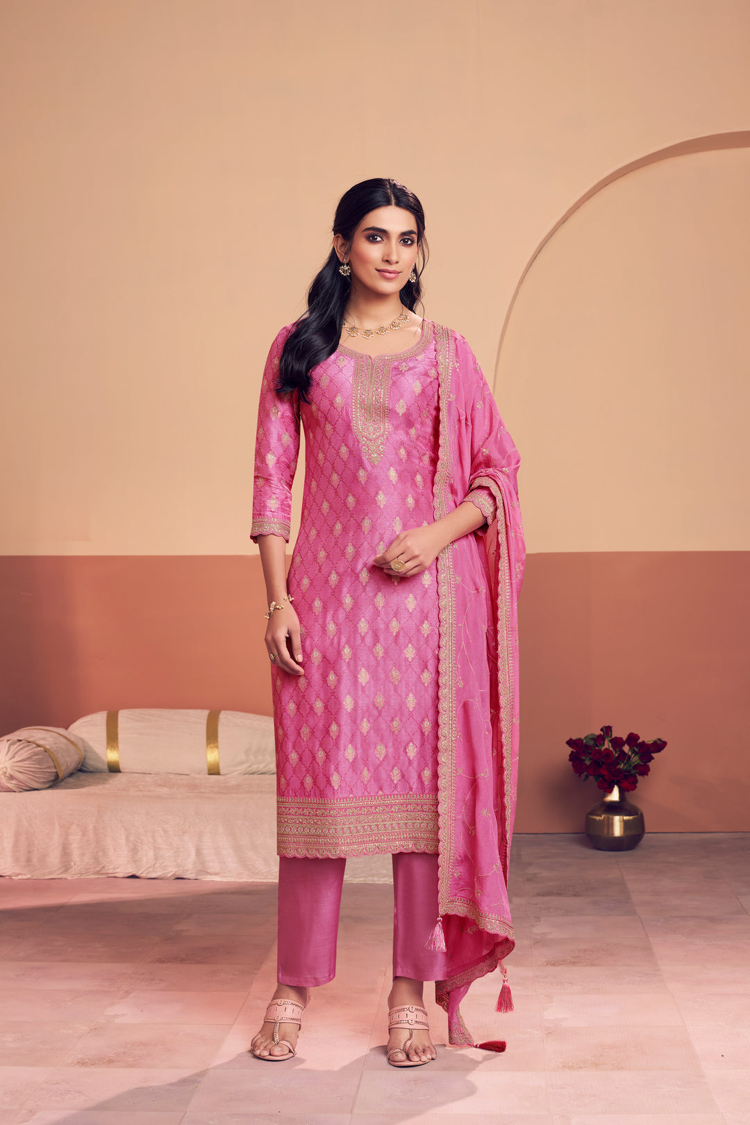 Pink Jacquard Straight Kurta With Dyed Trousers And Embroidery Dupatta