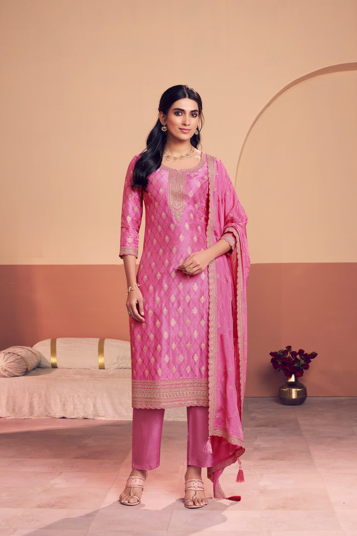 Pink Jacquard Straight Kurta With Dyed Trousers And Embroidery Dupatta
