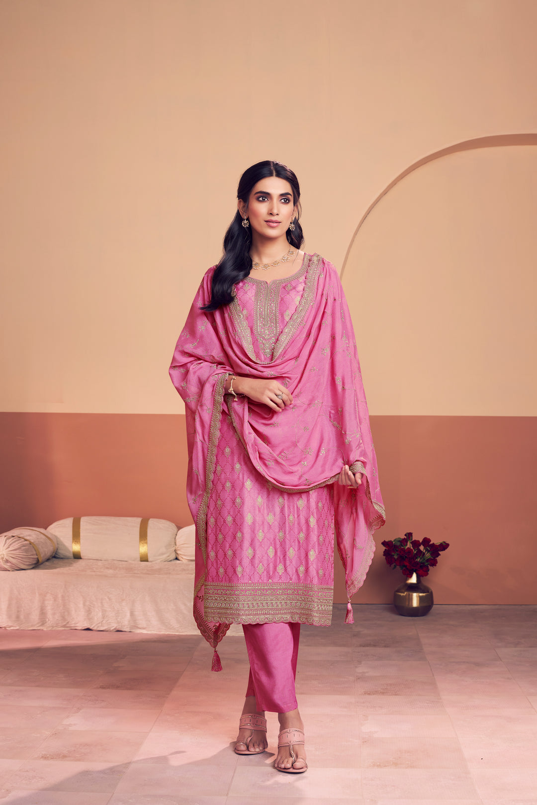 Pink Jacquard Straight Kurta With Dyed Trousers And Embroidery Dupatta
