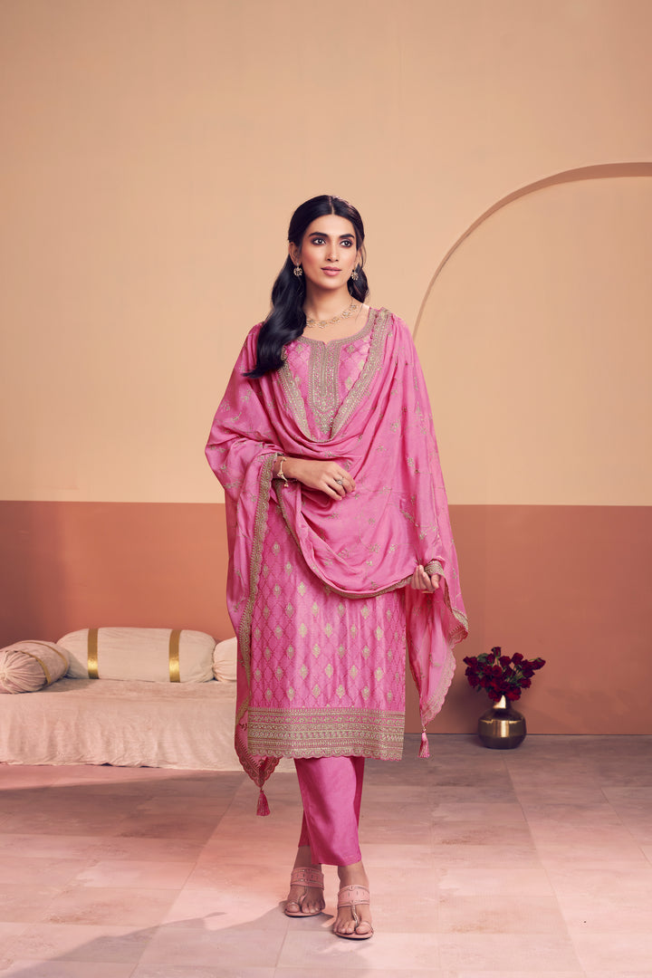 Pink Jacquard Straight Kurta With Dyed Trousers And Embroidery Dupatta