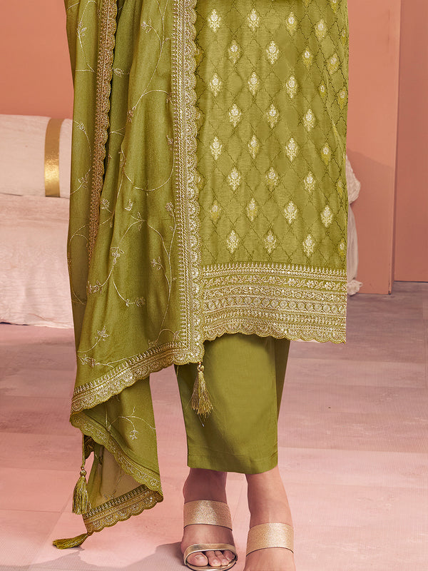 Olive Jacquard Straight Kurta With Dyed Trousers And Embroidery Dupatta