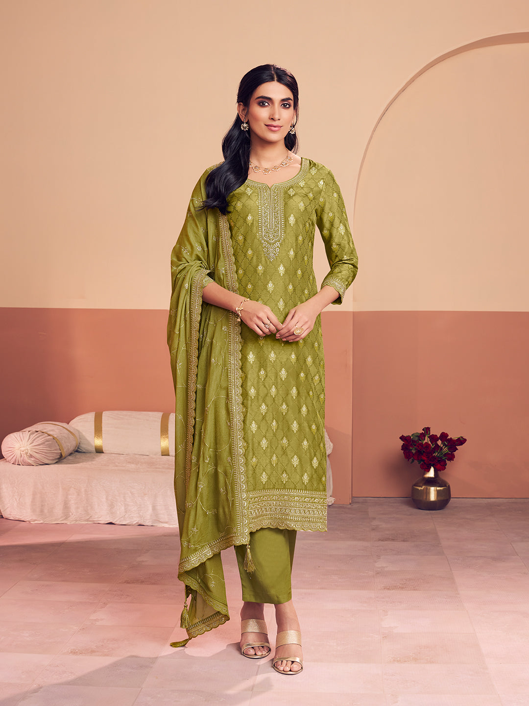 Olive Jacquard Straight Kurta With Dyed Trousers And Embroidery Dupatta