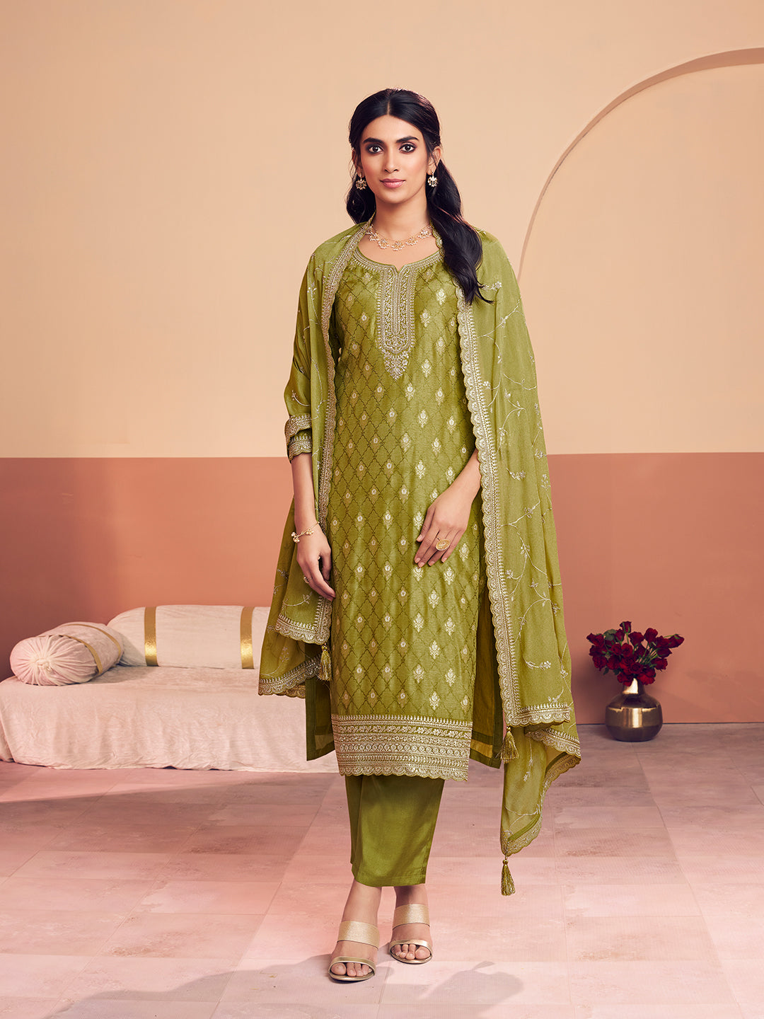 Olive Jacquard Straight Kurta With Dyed Trousers And Embroidery Dupatta