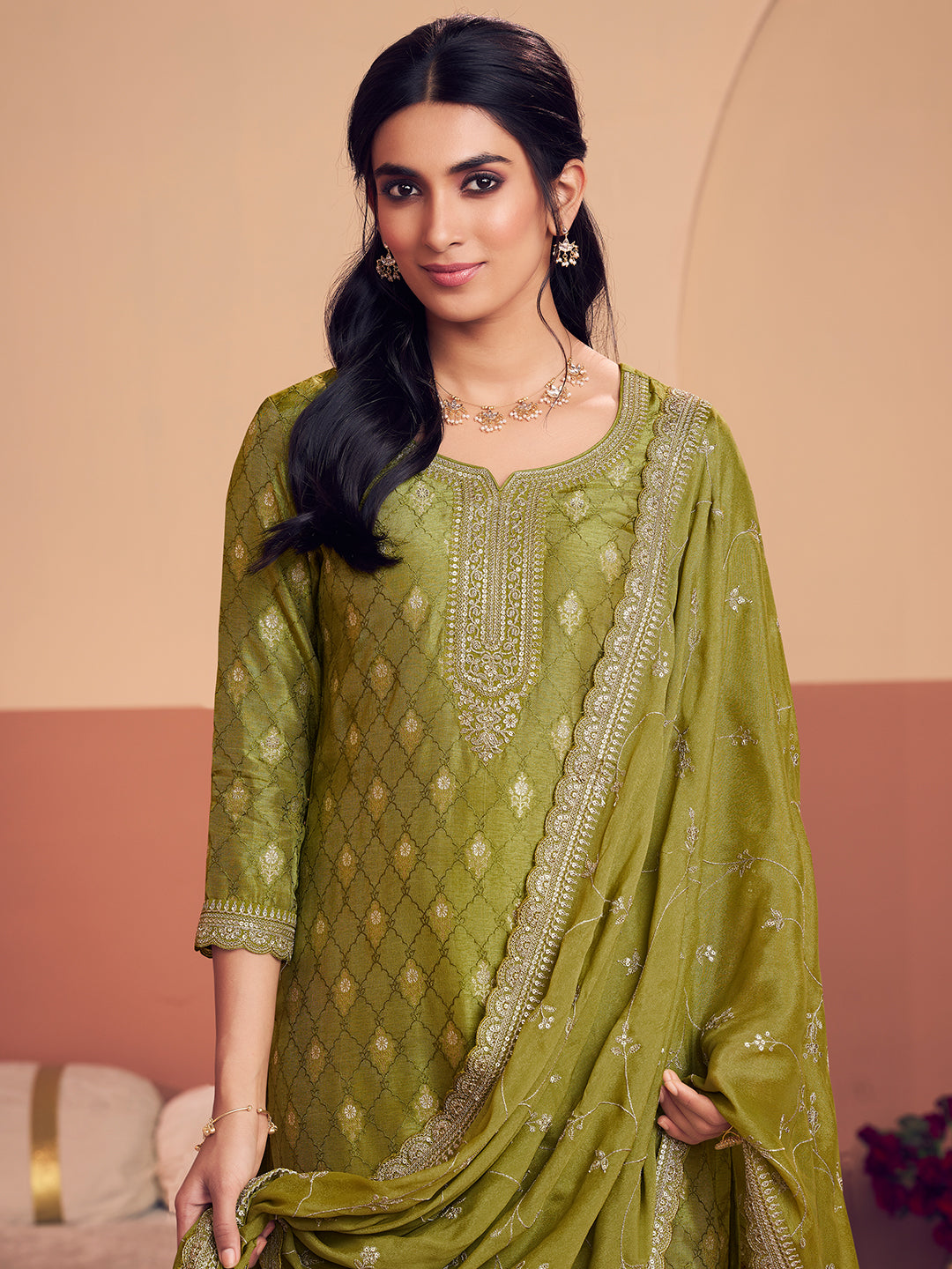Olive Jacquard Straight Kurta With Dyed Trousers And Embroidery Dupatta