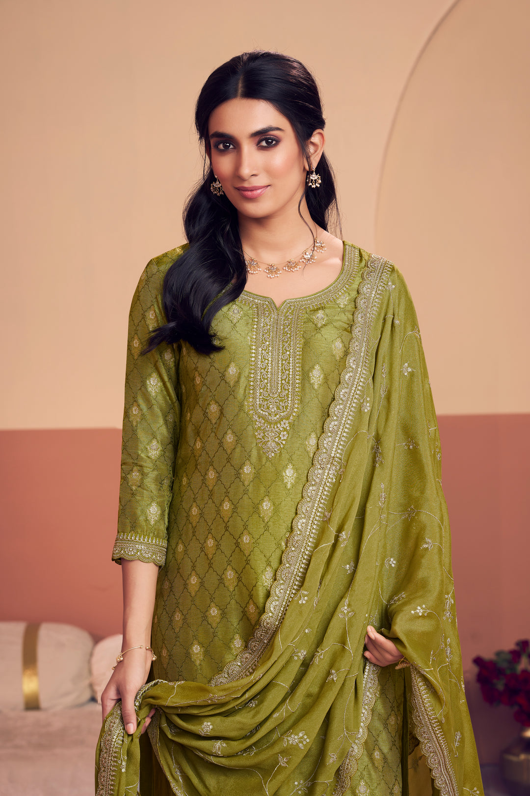 Olive Jacquard Straight Kurta With Dyed Trousers And Embroidery Dupatta
