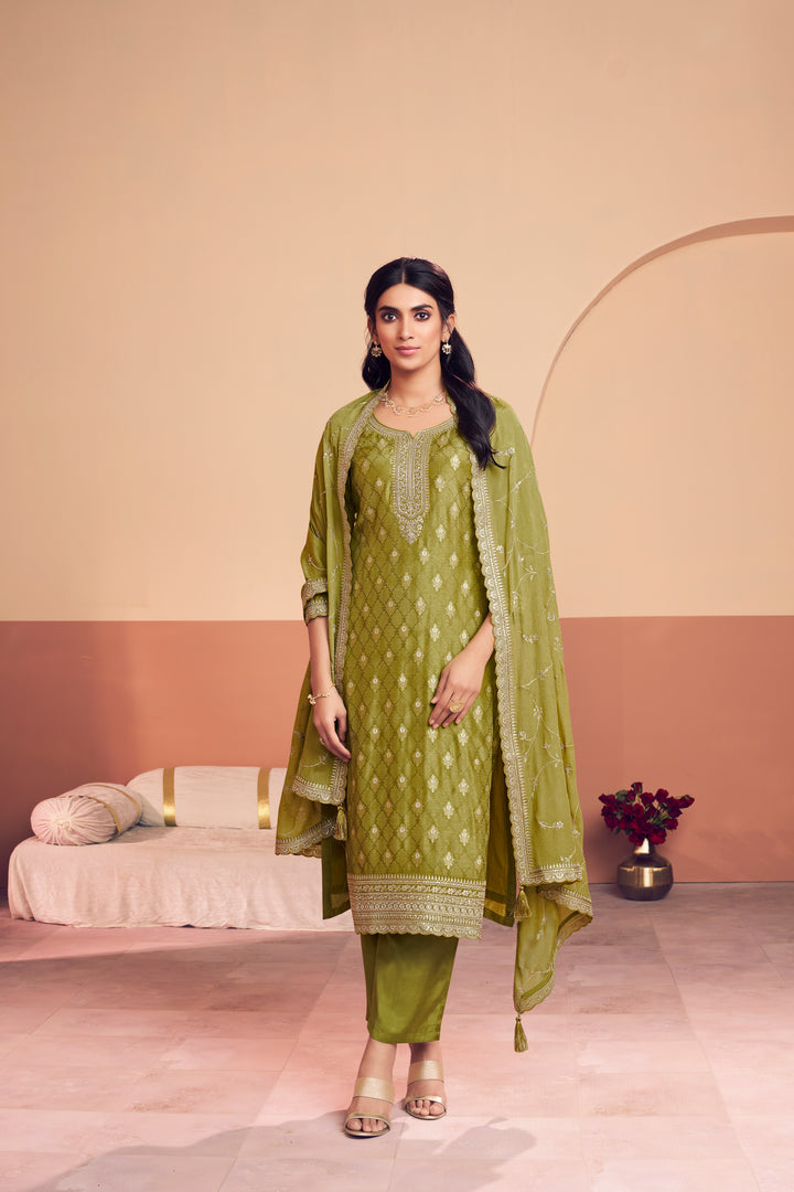 Olive Jacquard Straight Kurta With Dyed Trousers And Embroidery Dupatta