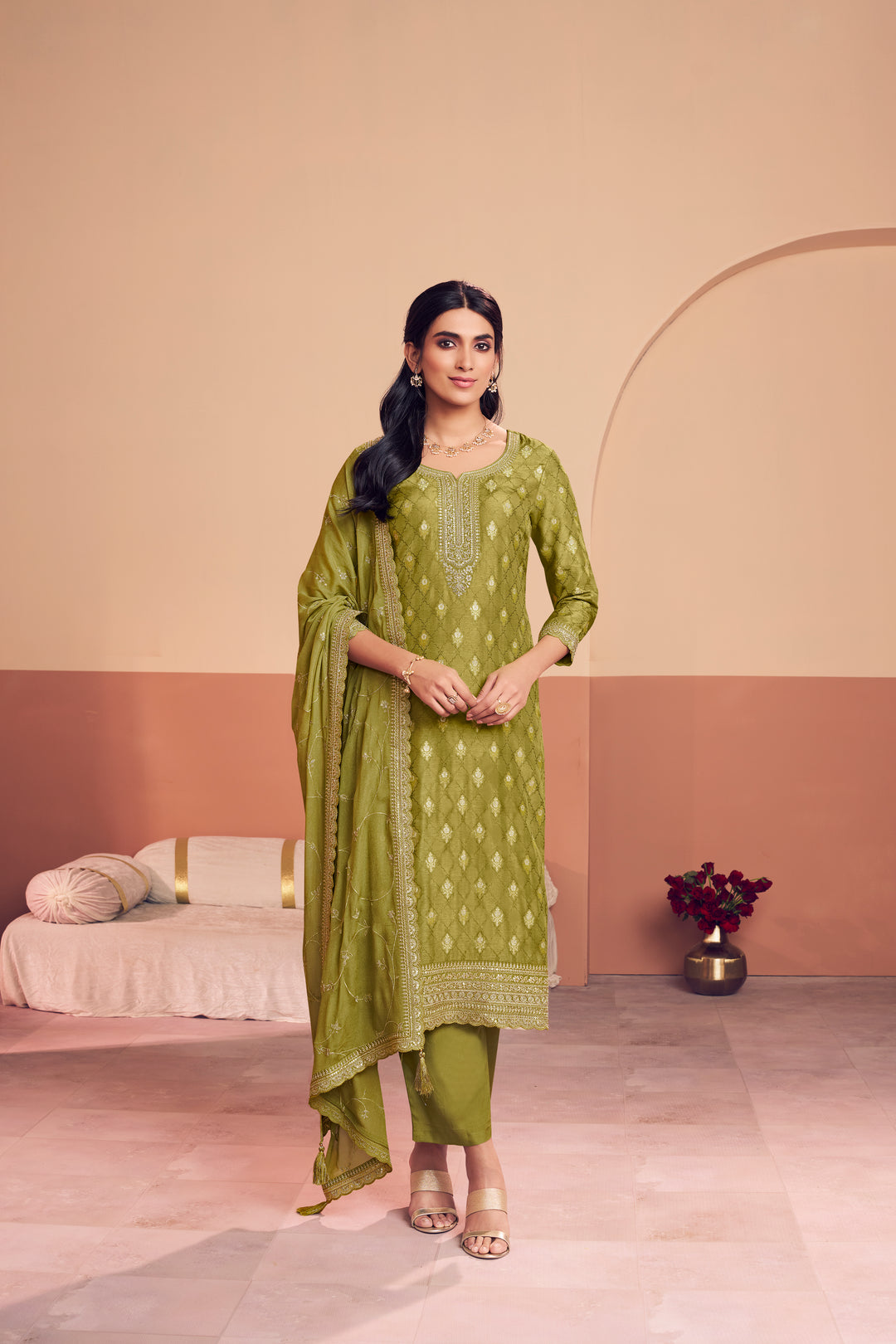 Olive Jacquard Straight Kurta With Dyed Trousers And Embroidery Dupatta