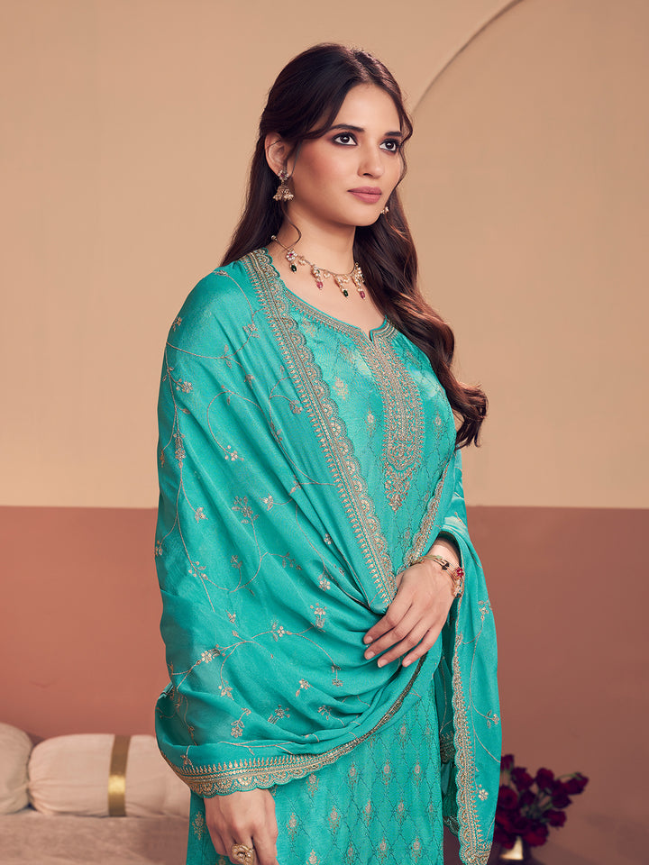 Turquoise Blue Jacquard Straight Kurta With Dyed Trousers And Embroidery Dupatta