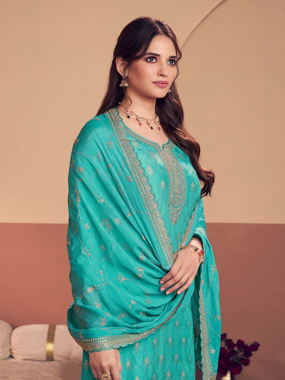 Turquoise Blue Jacquard Straight Kurta With Dyed Trousers And Embroidery Dupatta
