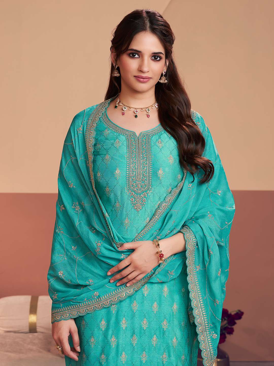 Turquoise Blue Jacquard Straight Kurta With Dyed Trousers And Embroidery Dupatta