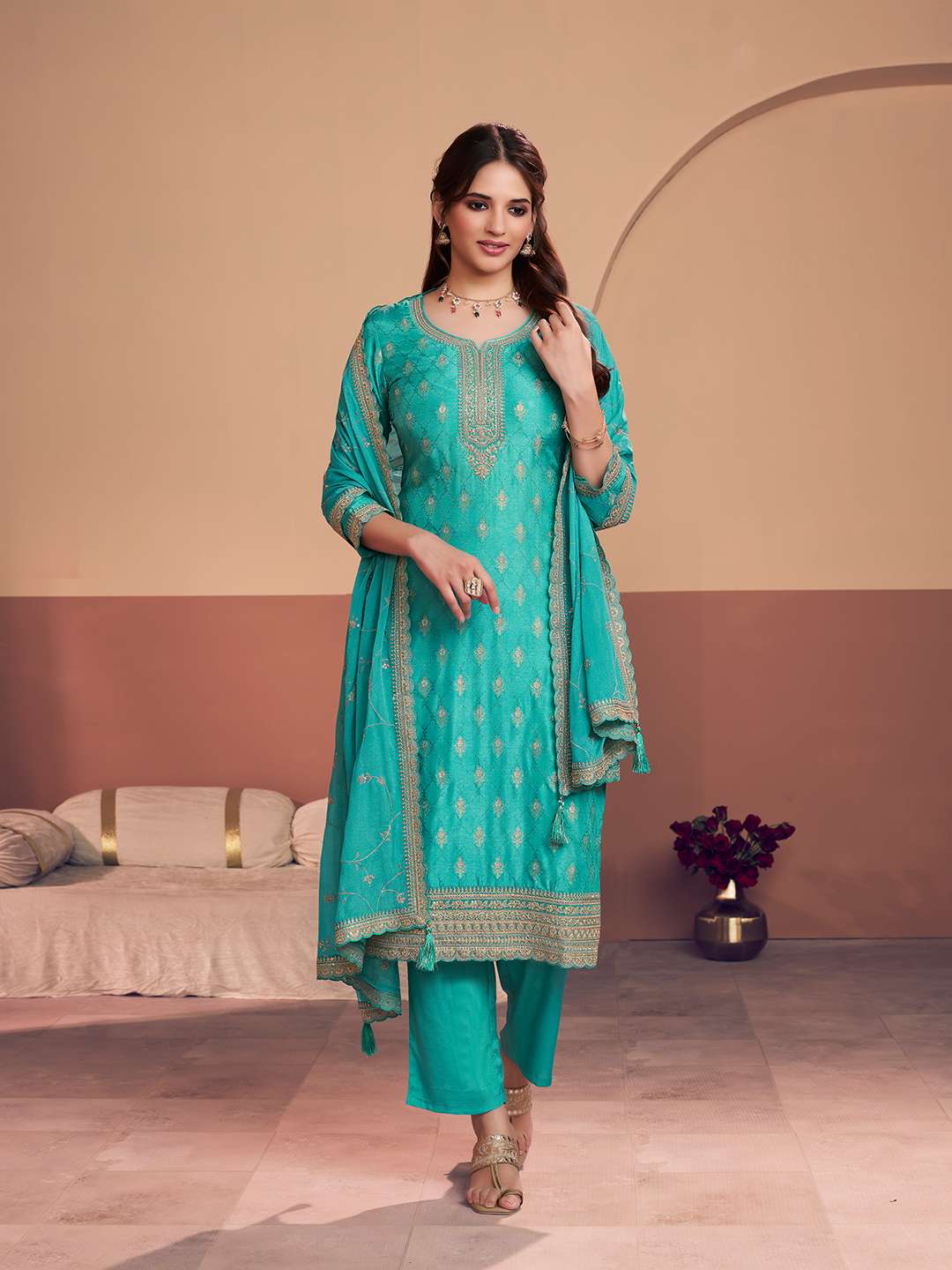 Turquoise Blue Jacquard Straight Kurta With Dyed Trousers And Embroidery Dupatta