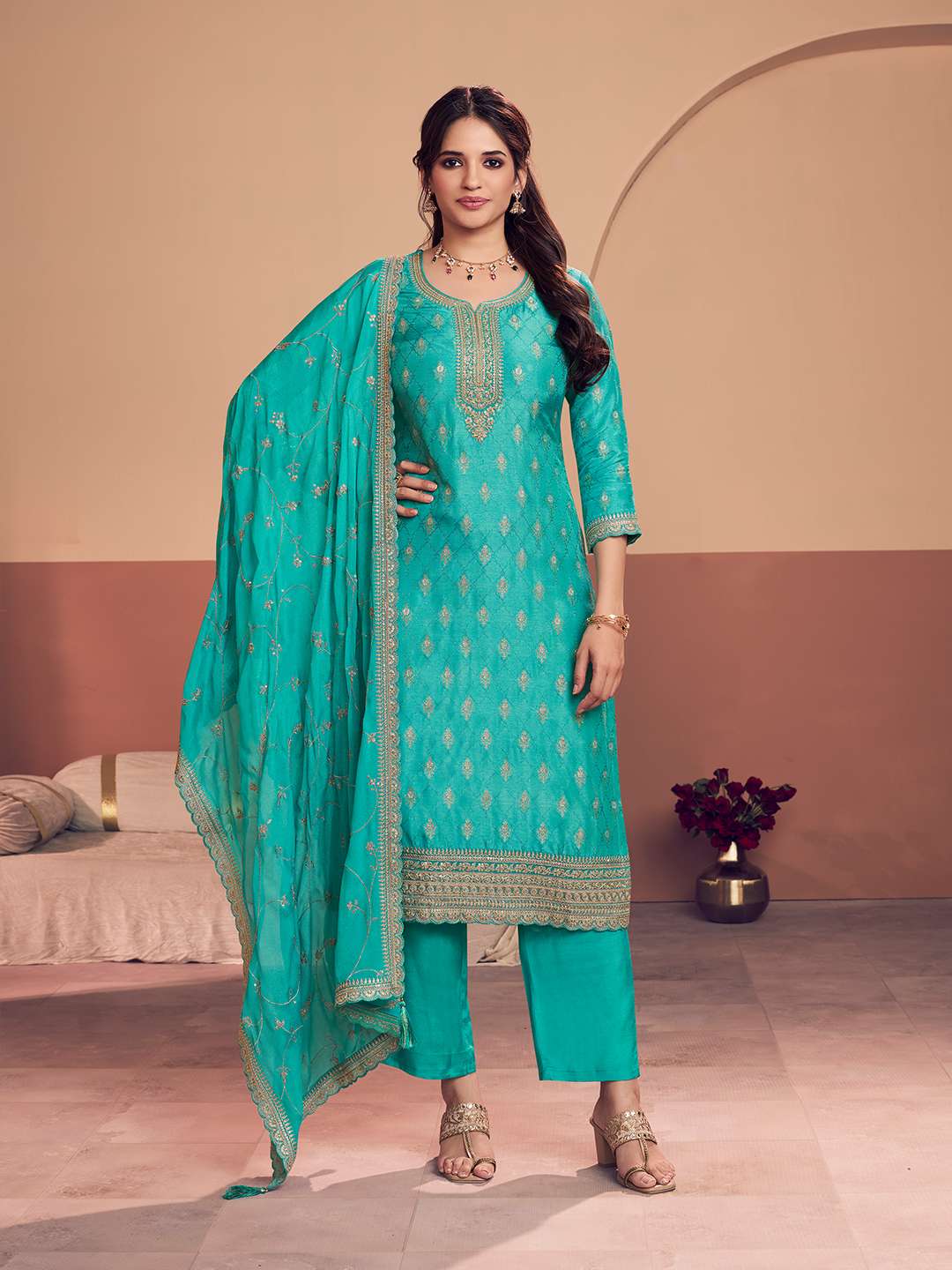 Turquoise Blue Jacquard Straight Kurta With Dyed Trousers And Embroidery Dupatta