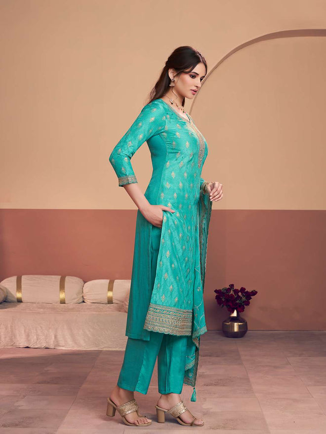 Turquoise Blue Jacquard Kurta Set with Zaal Embroidery and Dyed Trousers