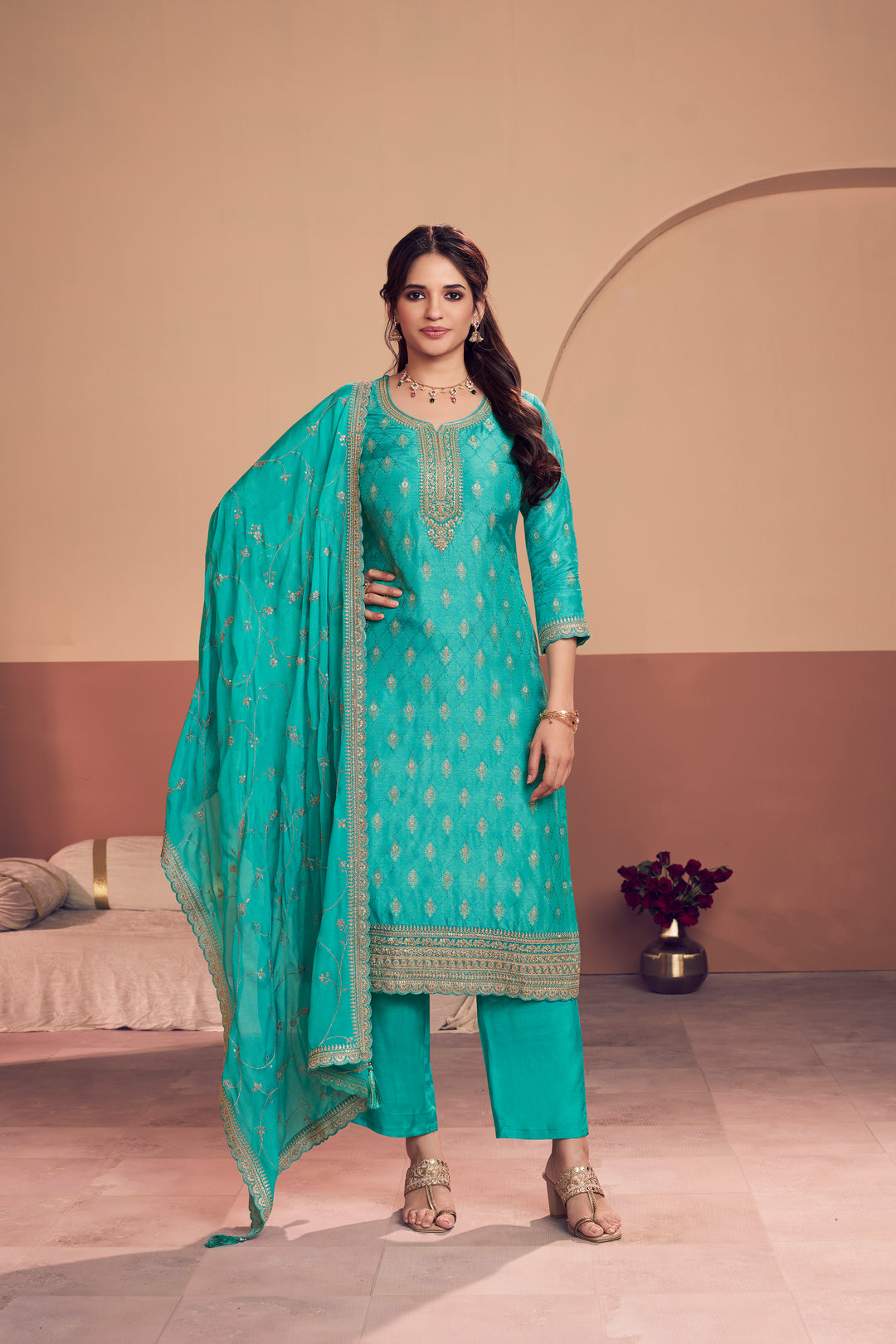 Turquoise Blue Jacquard Straight Kurta With Dyed Trousers And Embroidery Dupatta