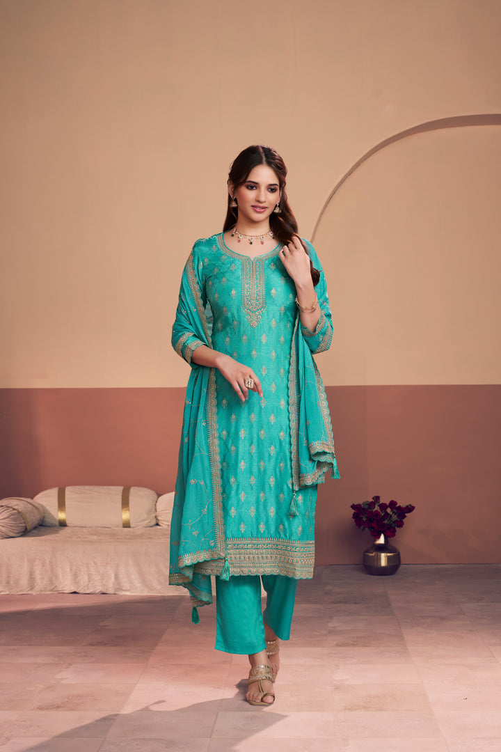 Turquoise Blue Jacquard Straight Kurta With Dyed Trousers And Embroidery Dupatta