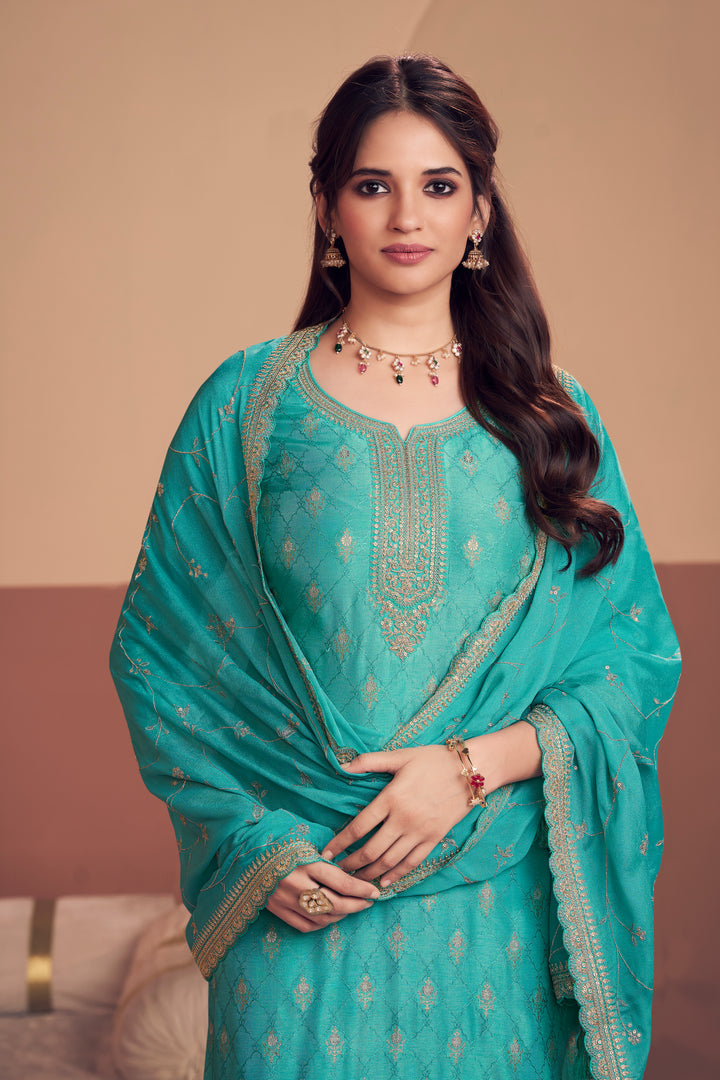 Turquoise Blue Jacquard Straight Kurta With Dyed Trousers And Embroidery Dupatta