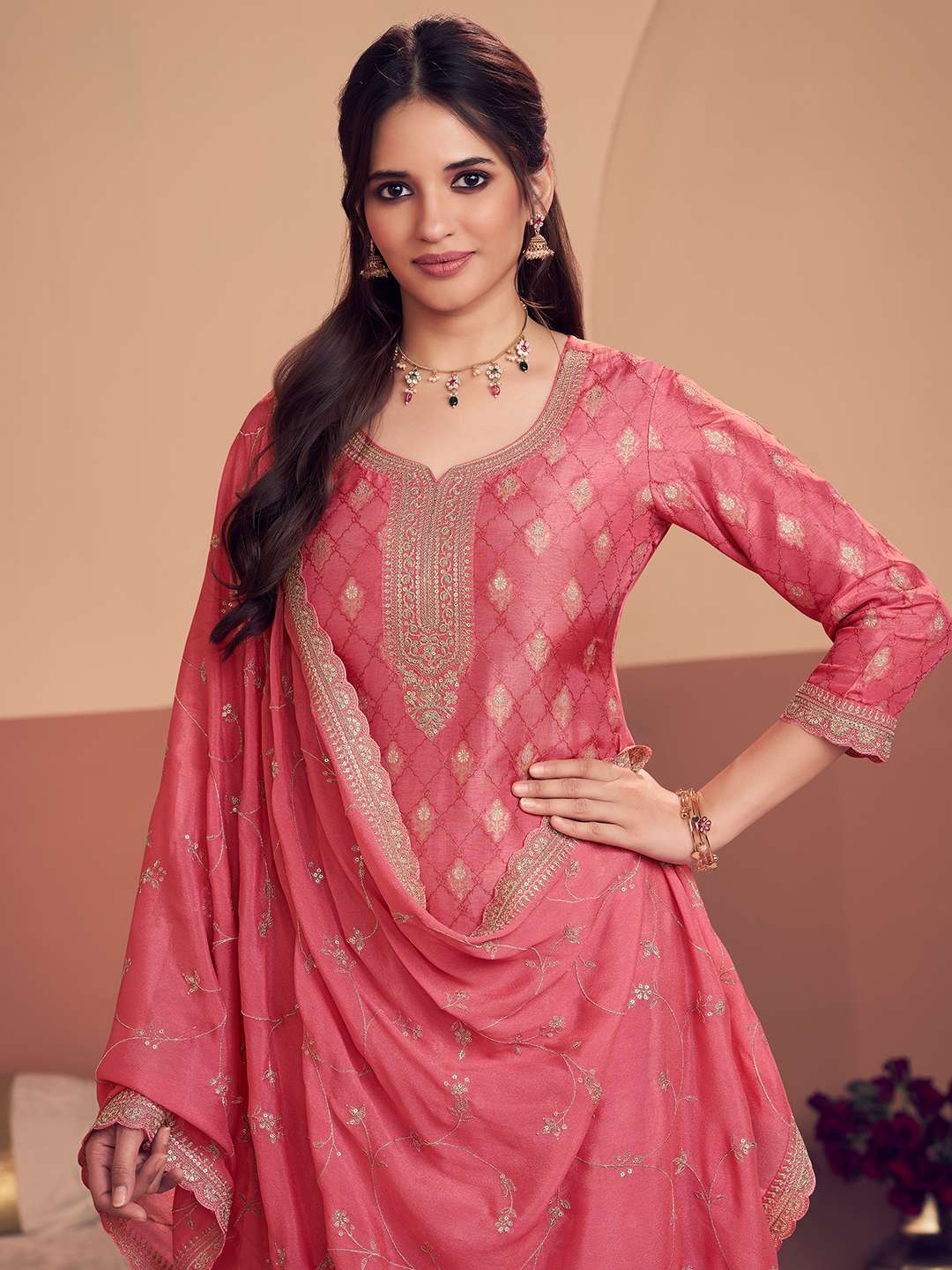 Pink Jacquard Straight Kurta With Dyed Trousers And Jaal Embroidery Dupatta