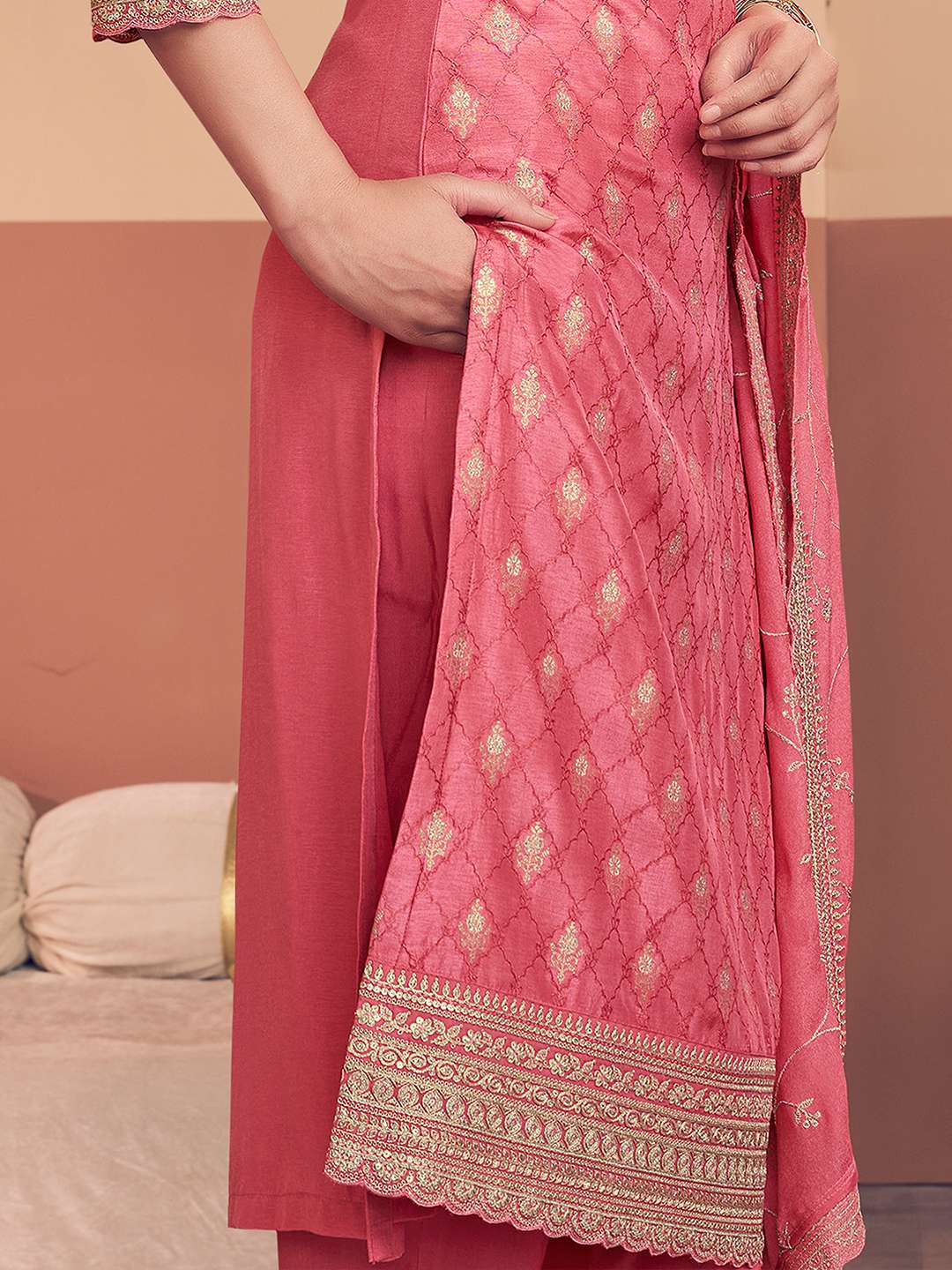 Pink Jacquard Straight Kurta With Dyed Trousers And Jaal Embroidery Dupatta