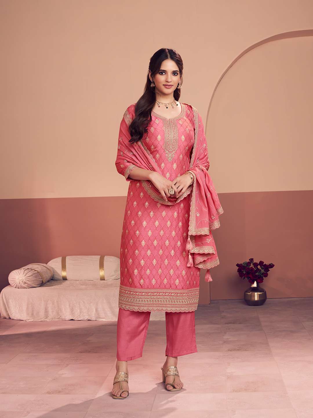 Pink Jacquard Straight Kurta With Dyed Trousers And Jaal Embroidery Dupatta