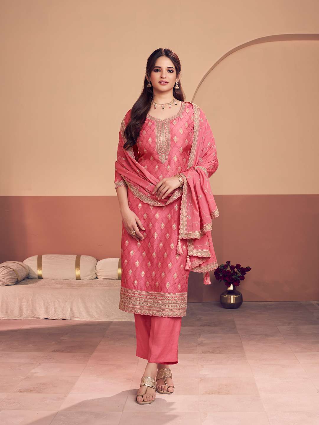 Pink Jacquard Straight Kurta With Dyed Trousers And Jaal Embroidery Dupatta