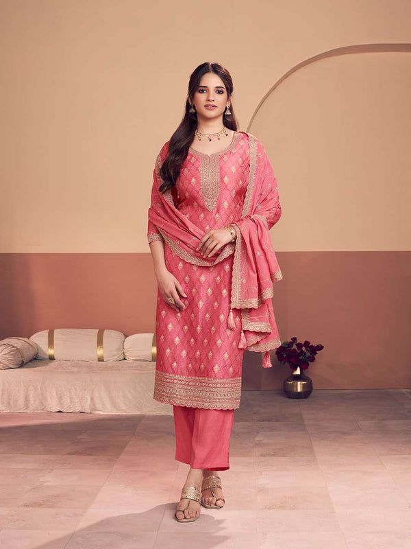 Pink Jacquard Straight Kurta With Dyed Trousers And Jaal Embroidery Dupatta