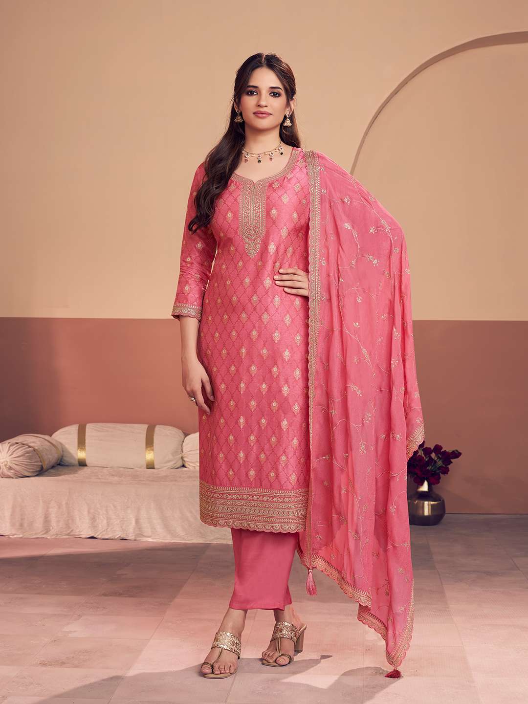Pink Jacquard Straight Kurta With Dyed Trousers And Jaal Embroidery Dupatta
