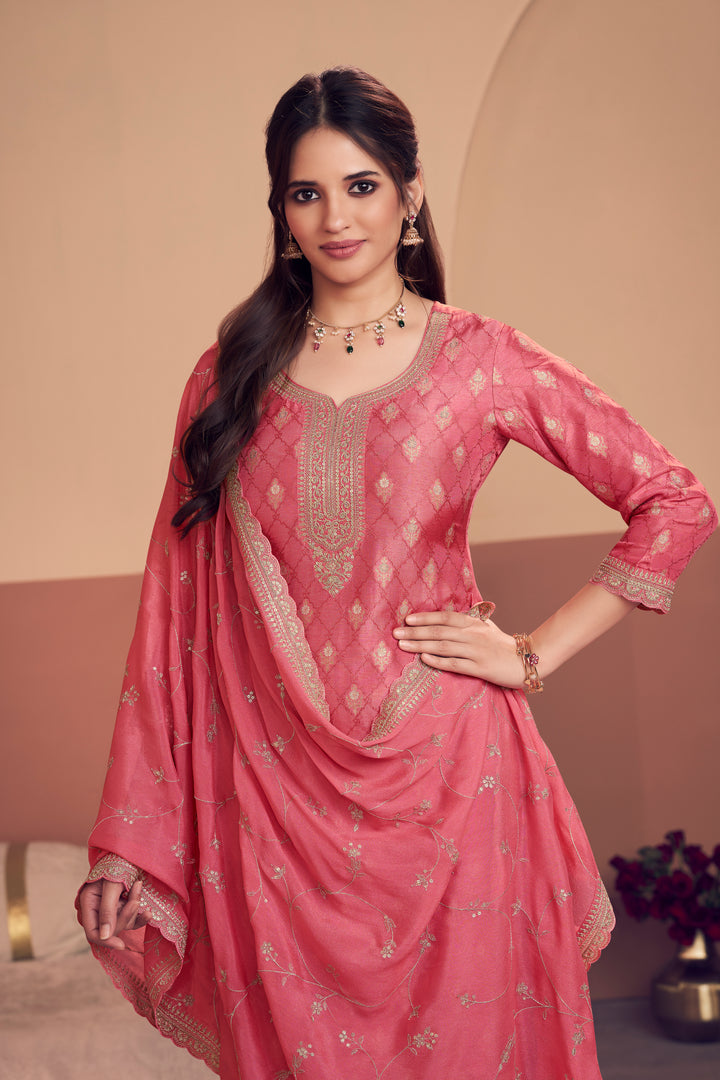 Pink Jacquard Straight Kurta With Dyed Trousers And Embroidery Dupatta