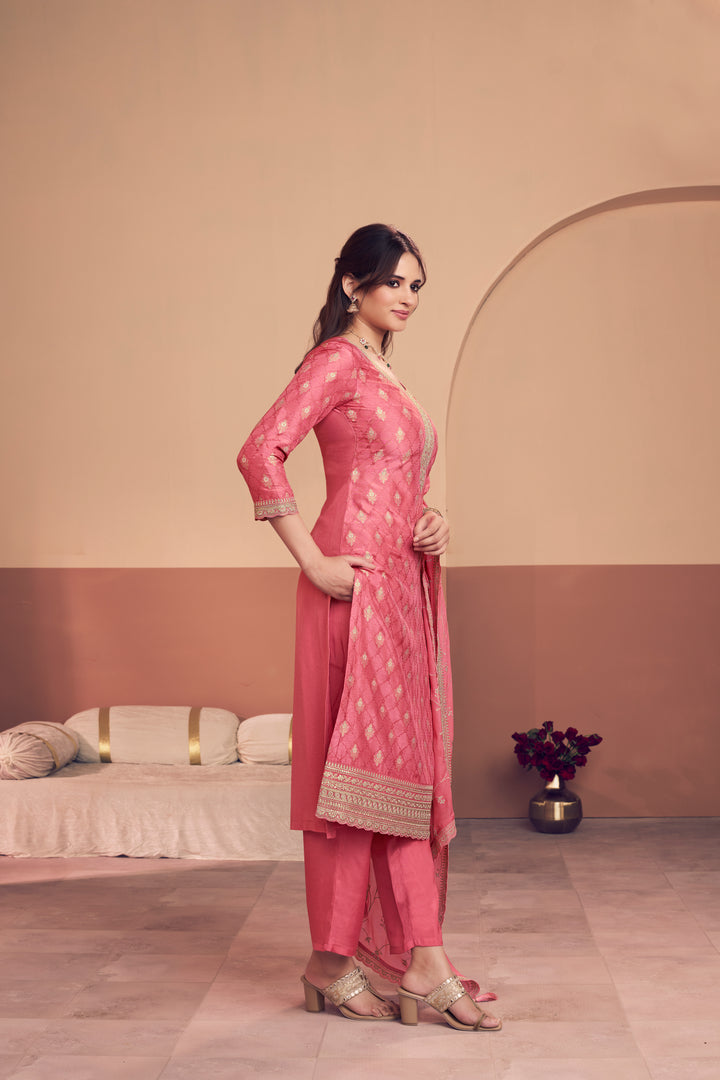 Pink Jacquard Straight Kurta With Dyed Trousers And Embroidery Dupatta
