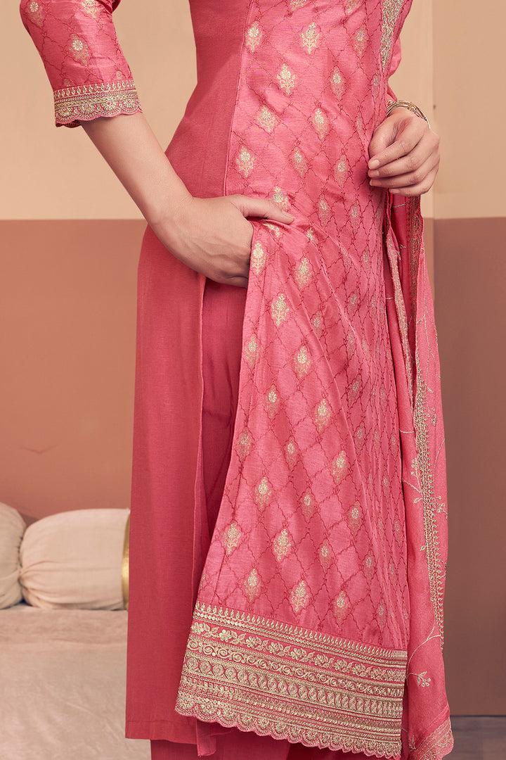 Pink Jacquard Straight Kurta With Dyed Trousers And Embroidery Dupatta